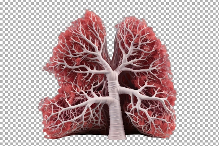 PSD modelo intrincado de pulmões humanos exibindo estrutura bronquial detalhada e cores vibrantes em uma exposição científica