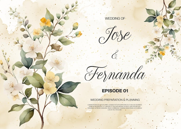 PSD modelo de invitación de boda con diseños florales y acentos amarillos