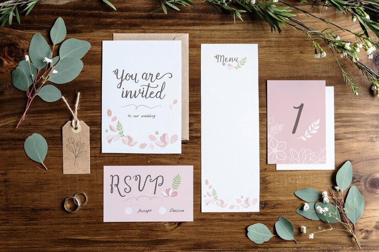 PSD modelo de invitación de boda floral de colocación plana