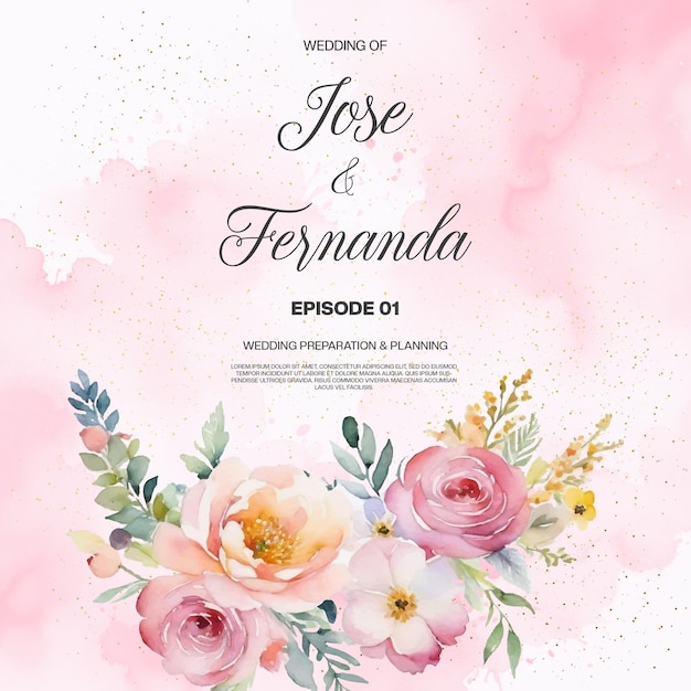 PSD modelo de invitación romántica de boda con acuarela y diseño floral