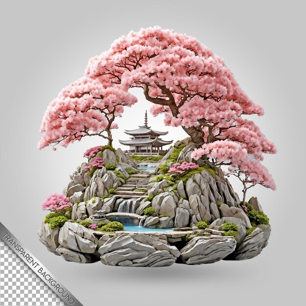 PSD un modelo de un jardín japonés con una fuente y una pagoda