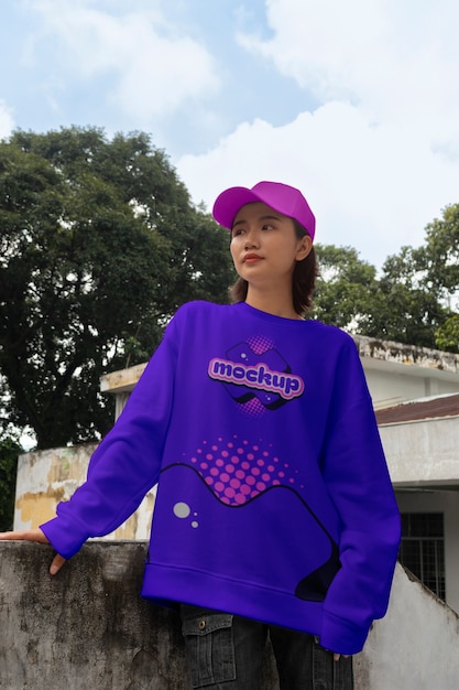 Modelo con una maqueta de ropa cerca de la pared