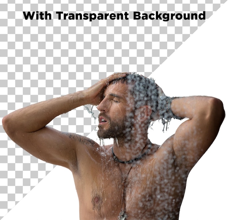 PSD modelo masculino guapo tomando una ducha con ambas manos en la cabeza png psd aislado en fondo transparente