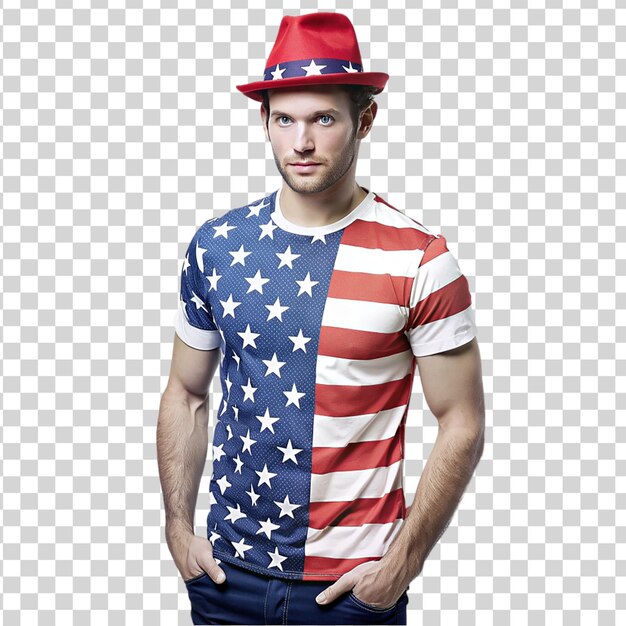 PSD modelo masculino vestindo roupas de tema patriótico em fundo transparente
