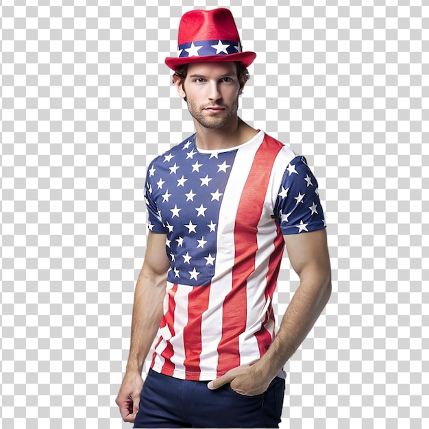 Modelo masculino vestindo roupas de tema patriótico em fundo transparente