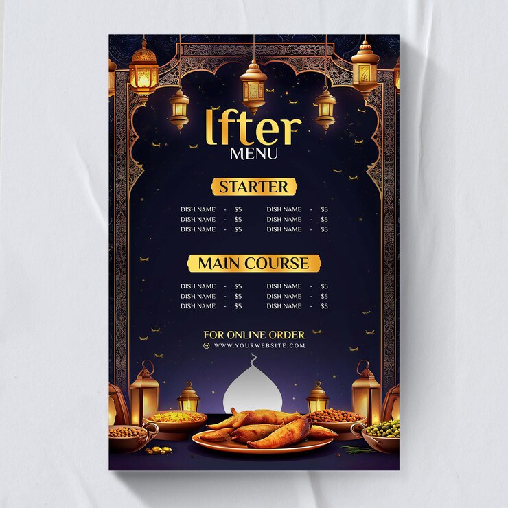Modelo de menú realista para la fiesta de iftar