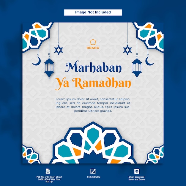 Modelo minimalista de design de cartão postal de saudação marhaban ya ramadhan