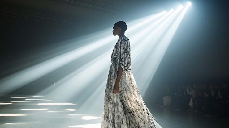 PSD la modelo de moda camina por la pista con un elegante vestido fluido bajo los reflectores dramáticos