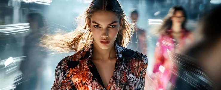 PSD modelo de moda con una chaqueta de impresión floral con fondo borroso en movimiento