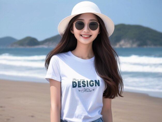 PSD modelo de mujer con una camiseta blanca mockup con un lujo de pie de la ciudad de fondo