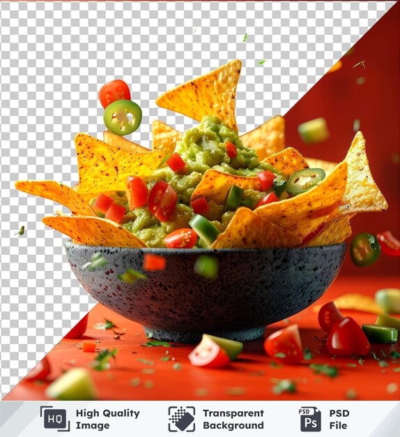 PSD modelo de objeto transparente de nachos cayendo un cuenco con tomates guacamole y papas fritas de tortilla