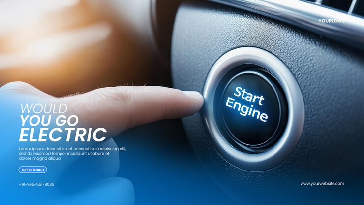 PSD modelo de pancarta de suv eléctrico con botón de arranque al pulsar el dedo dentro del automóvil eléctrico que destaca la interacción del usuario con la tecnología moderna