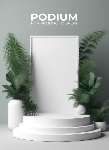 PSD modelo de podio para la presentación de productos decorado con hojas tropicales