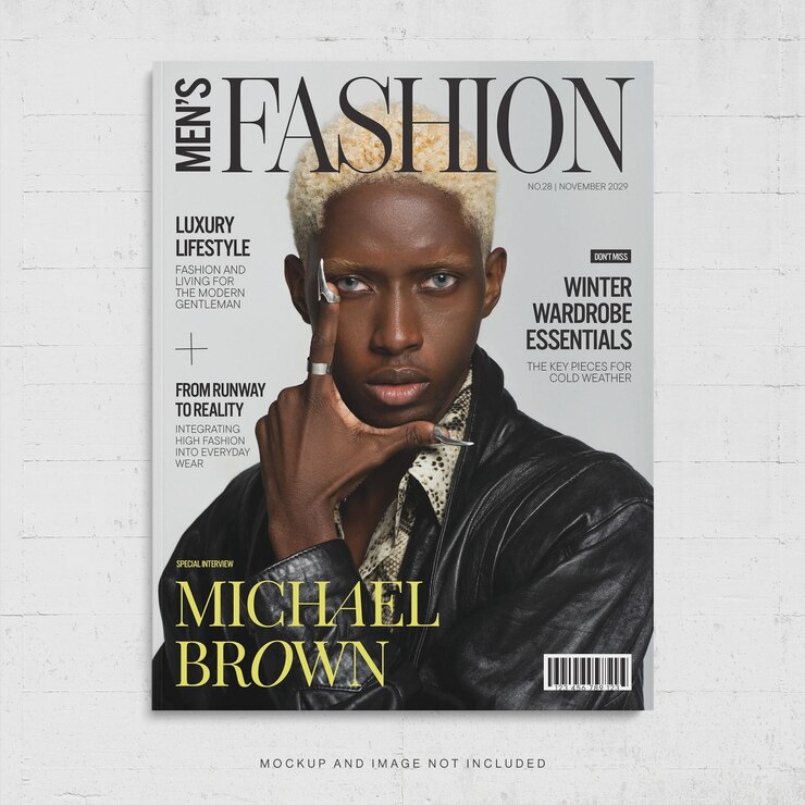PSD modelo de portada de revista de moda para hombres en estilo elegante moderno v1 en photoshop psd