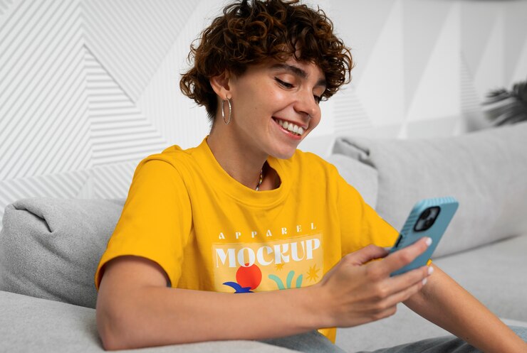 PSD modelo posando con una maqueta de camisa en el interior