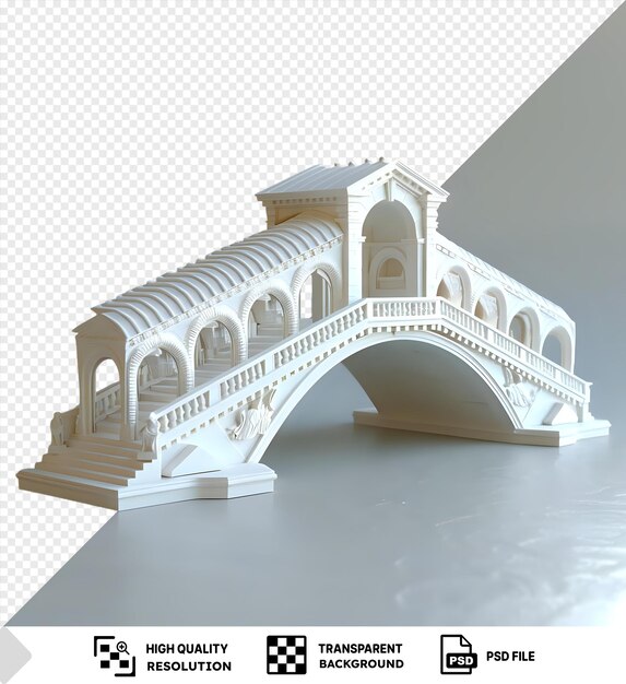 modelo premium de 3D da ponte Rialto com janelas arqueadas e um telhado branco contra um céu cinzento