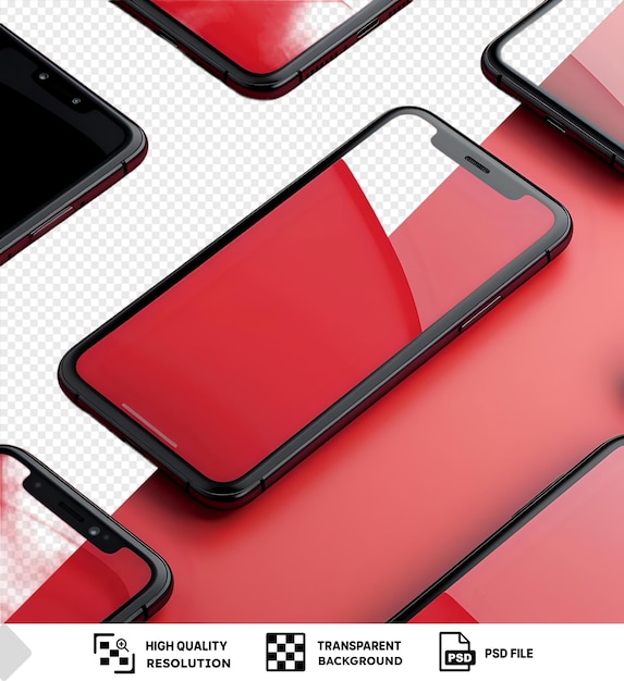 PSD modelo premium de smartphones pretos escalonados em uma mesa vermelha png