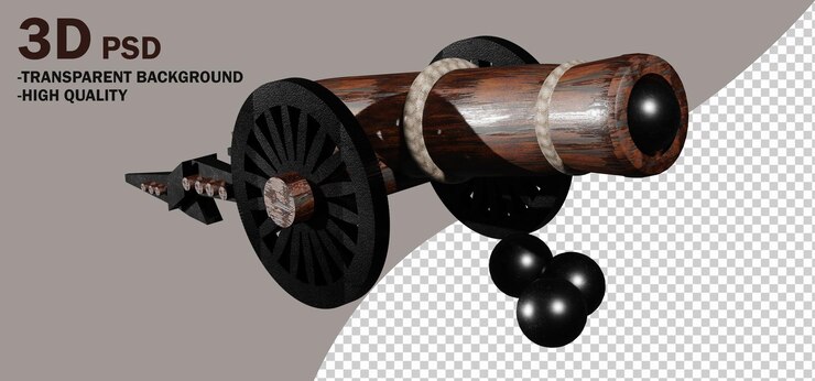 PSD modelo psd 3d de un cañón móvil de ramadán hecho de metal y madera aislado sobre un fondo transparente