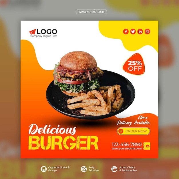 PSD modelo psd de banner quadrado de promoção de mídia social de menu de hambúrguer e comida delicioso