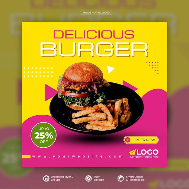 Modelo psd de banner quadrado de promoção de mídia social de menu de hambúrguer e comida delicioso