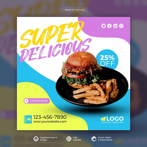 PSD modelo psd de banner quadrado de promoção de mídia social de menu de hambúrguer e comida delicioso