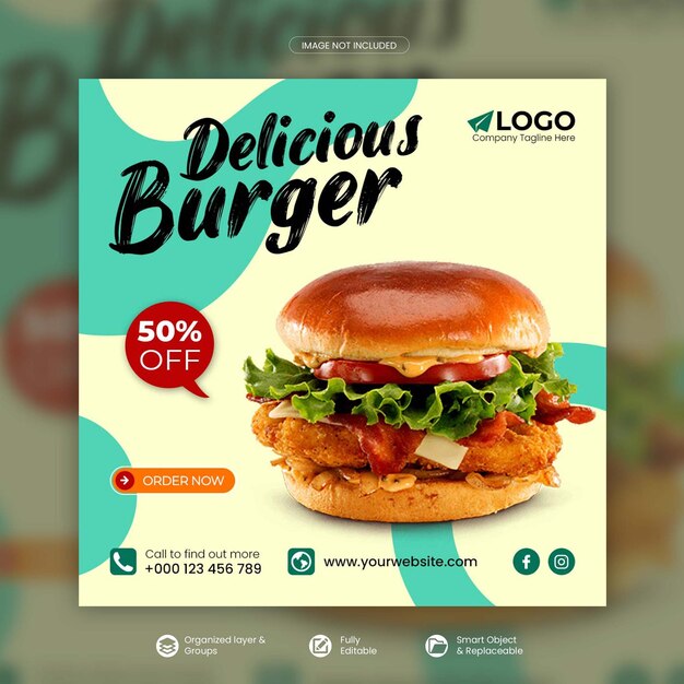 Modelo psd de banner quadrado de promoção de mídia social de menu de hambúrguer e comida delicioso