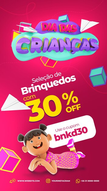 modelo psd de mídia social para elementos 3d do dia das crianças