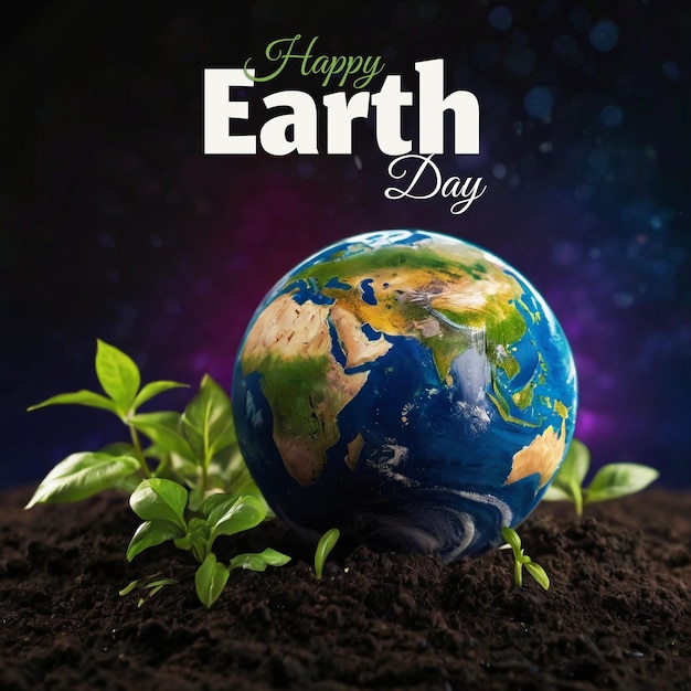 PSD modelo psd de um cartaz do dia da terra feliz com o planeta terra em fundo preto