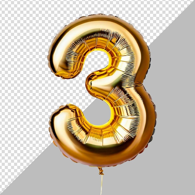 Modelo psd número três feito de balão de aniversário dourado