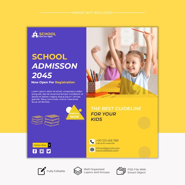 Modelo PSD premium de banner de admissão escolar