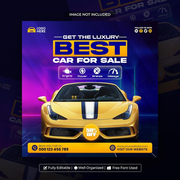 Modelo de publicación o banner de redes sociales y Instagram para alquiler de automóviles y automóviles