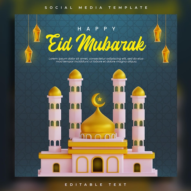 Modelo quadrado eid mubarak com mesquita e lanterna de renderização 3d