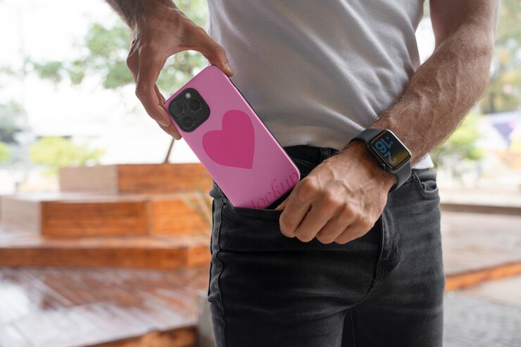 PSD modelo que sostiene un teléfono inteligente con un estuche genial