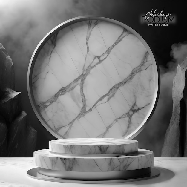 PSD modelo realista de pódio em branco de metal redondo, mármore e pedra com ambiente de estúdio profissional fumegante