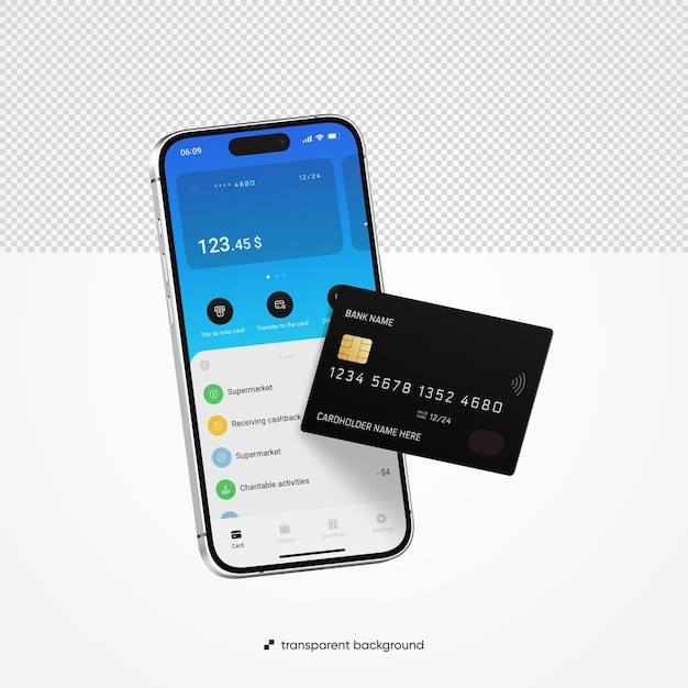 Modelo realista de teléfono y tarjeta de crédito con fondo transparente