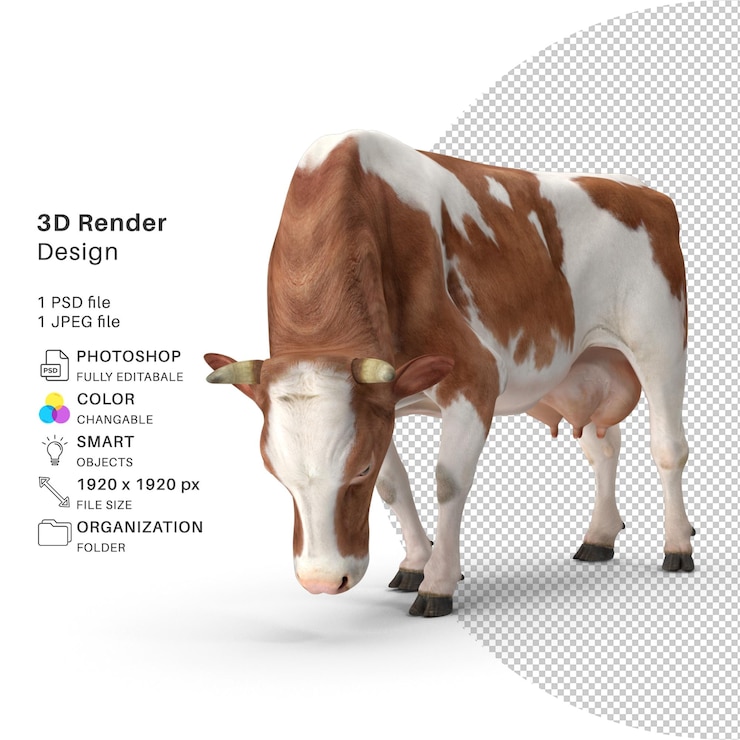 PSD modelo de renderizado 3d de vaca