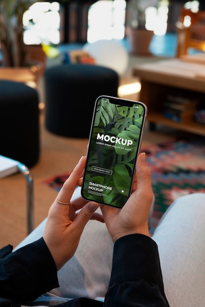 Modelo segurando uma maquete de smartphone