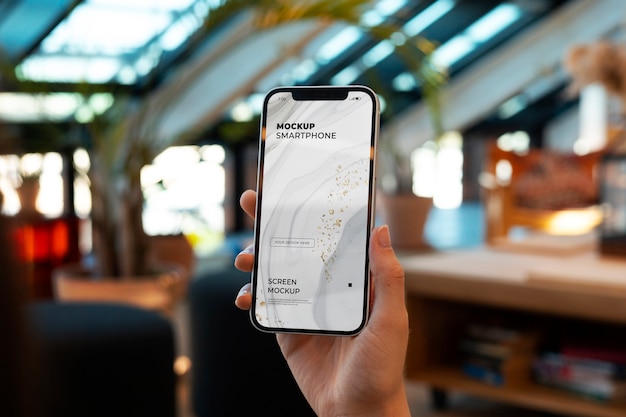 PSD modelo segurando uma maquete de smartphone