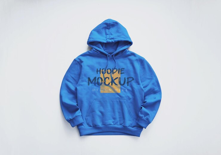 Modelo de sudadera con capucha azul con cremallera en el frente