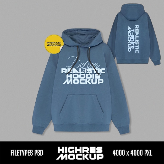 Modelo de sudadera con capucha azul delantero y trasero