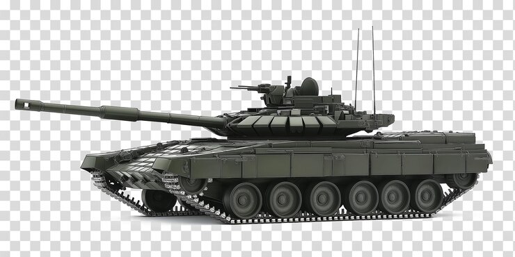 PSD modelo de tanque t90 en verde oscuro con elementos negros en un fondo transparente