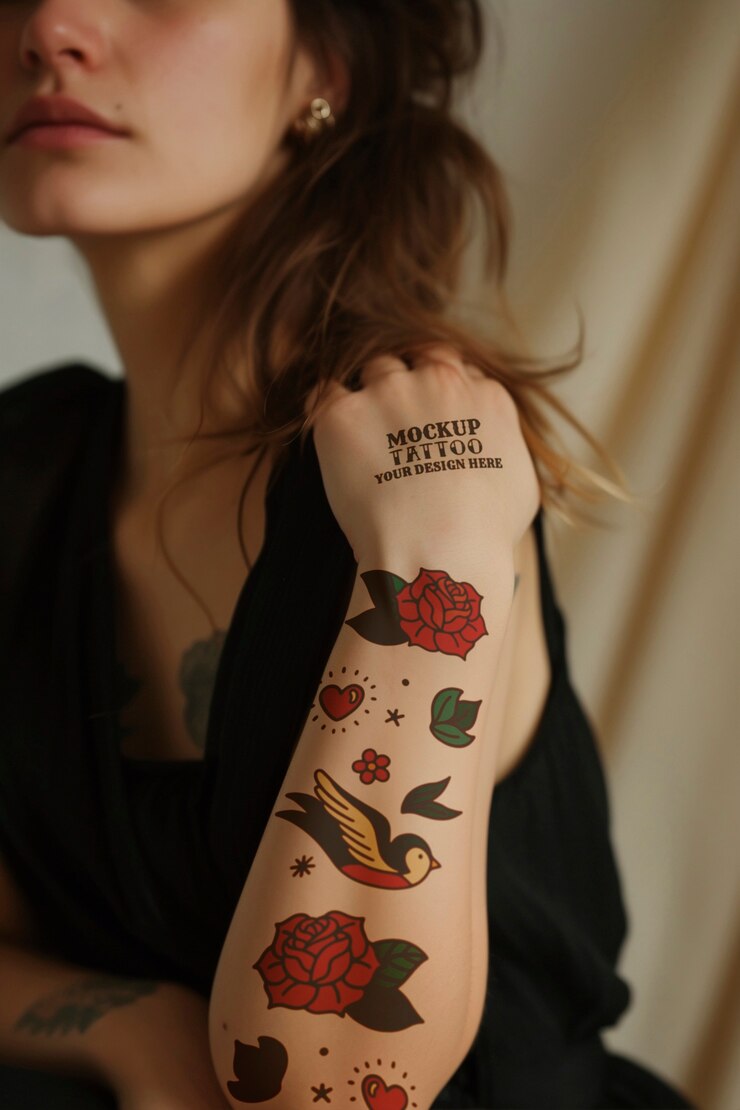 Modelo de tatuaje posando una maqueta