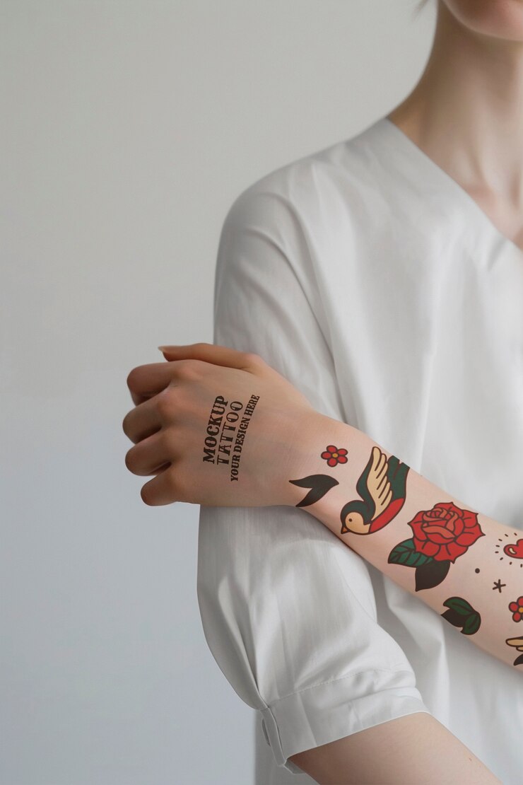 PSD modelo de tatuaje posando una maqueta