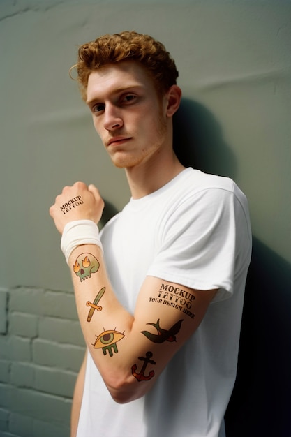 Modelo de tatuaje posando una maqueta