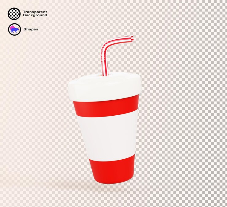 PSD modelo de taza de comida para llevar de papel rojo 3d con paja rayada realismo envasado de recipiente desechable para beber jugo de soda togo cola o bebida de limonada con tapa de plástico cerrada blanca
