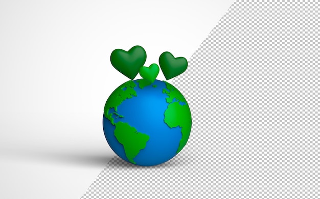 Modelo de tierra de reciclaje global con corazones verdes en la parte superior de representación 3d