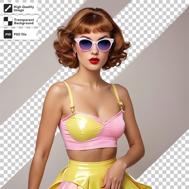 PSD un modelo vestido con un traje amarillo y rosa con una imagen de un modelo con un bikini amarillo
