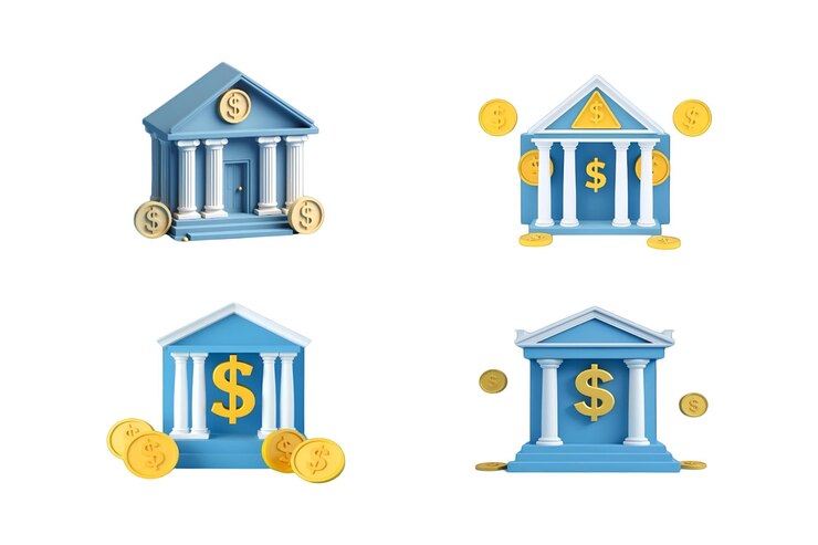 PSD modelos bancários 3d com moedas