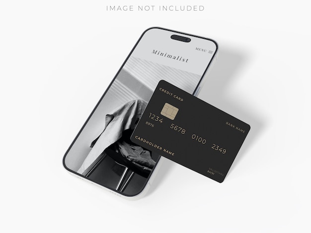 Modelos de cartões de crédito de smartphone e plástico Cartão de débito vazio com cartão com chip isolado no fundo Mockup conceito vazio para economizar dinheiro riqueza e tecnologia financeira pagamento compra digital