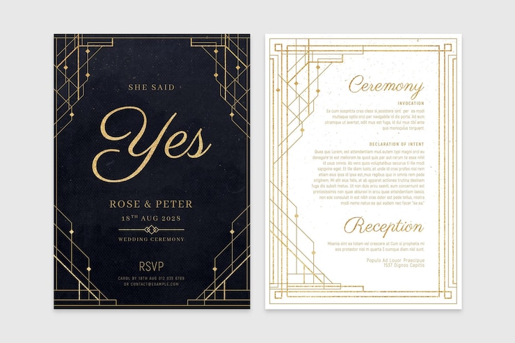 PSD modelos de convite de casamento art déco de ouro preto luxuoso em psd
